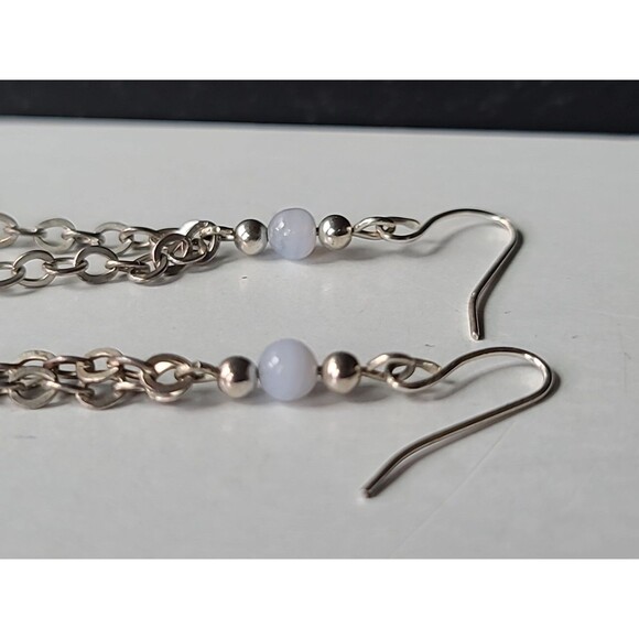 925 Sterling Silver Beaded Heart Lace Agate Dangling Pierced Earrings Vintage - Picture 8 of 10